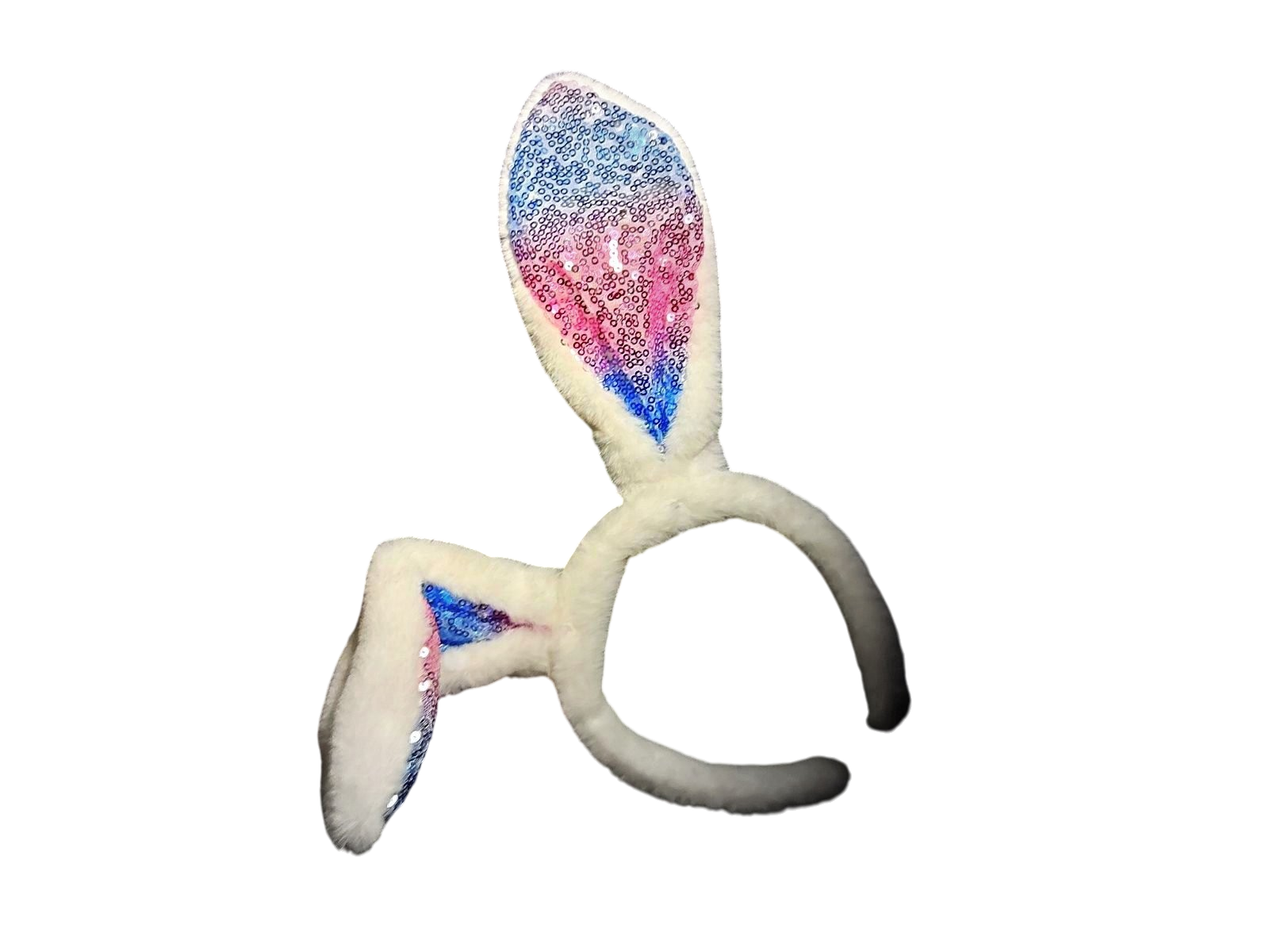 White Hyper Bunny ears with blue and pink sequins